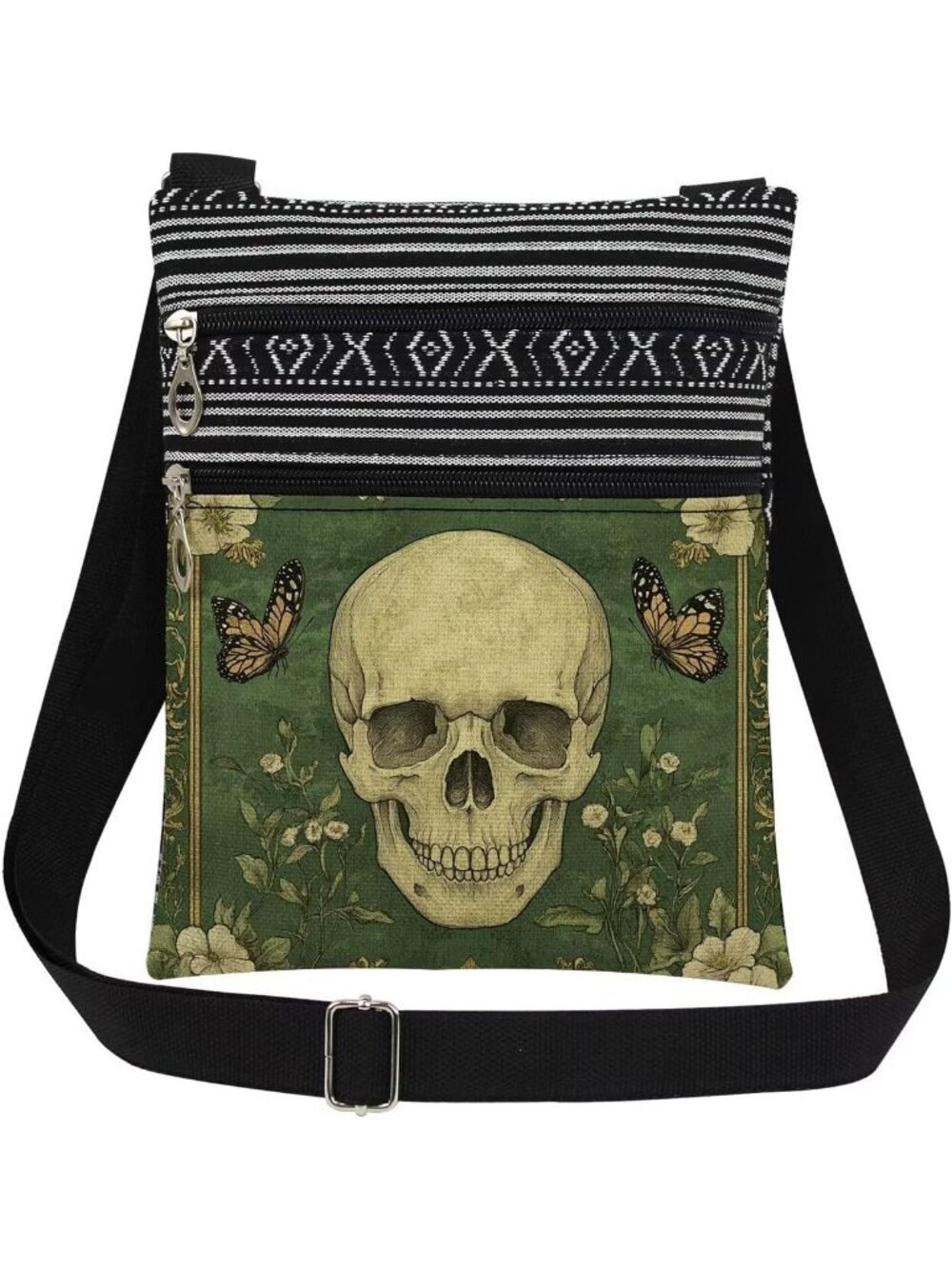 Womens Black Green Halloween Skull Pouch Adjustable Strap Crossbody Zipper Bag